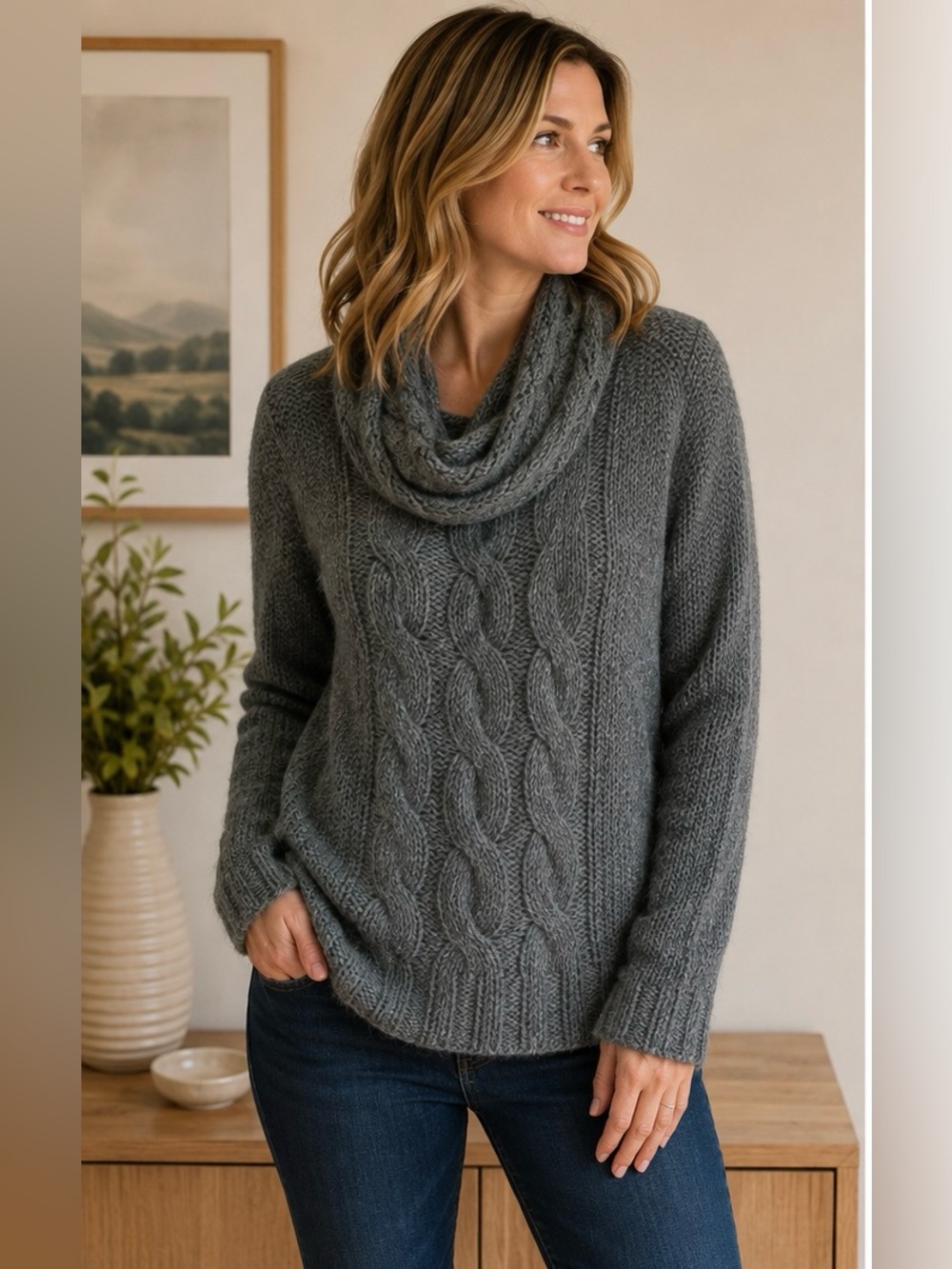 H&M Gray Cable-Knit Cowl Neck Sweater